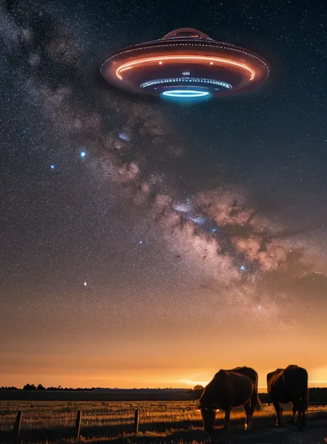 <lora:UFO_Flying_saucer:0.8> a single classic alien flying saucer UFO hanging above a herd of cows on the night sky by a dark country road, realistic high resolution RAW photographic image, high quality, intricate detail, DSLR, bokeh