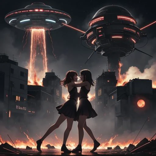 A scene from an anime where two girls are embracing each other,masterpiece,cute girls,best quality,highly detailed,digital painting,dark background,villain,cyberpunk,colorful neon light,growing light,((dancing)),<lora:UFO_Flying_saucer:0.2>,(UFO),(detailed face),anime face,(2 girls),night sky,city street,smile,(((laser from UFO))),(((burning city))),smoke,((war)),huge fire,