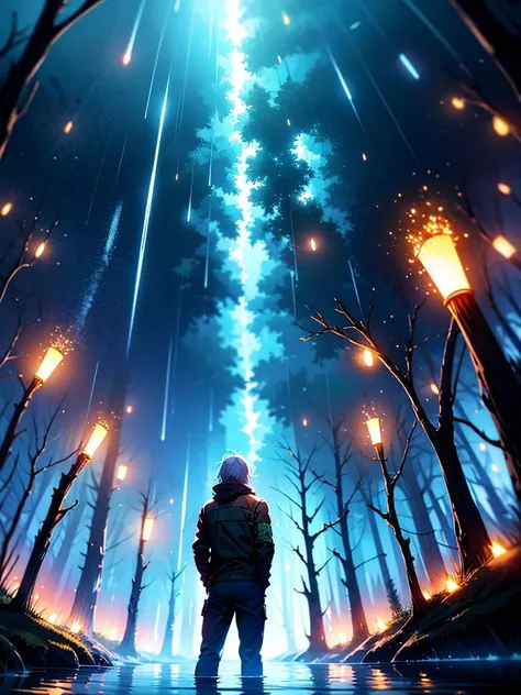 High quality, Ultra high definition, 8k, hdr, masterpiece, volumetric lighting, Beautiful, forest, water, stars, foggy, fireflies, (((night,dark scene, dim lit))), highres, (man:1.3) staring at viewer