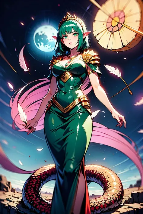 ambrosia Masterpiece volumetric lighting light particles, Beautiful anime (woman:1.2) (mature female:1.3), teal eyes, teal hair, bangs, will-o'-the-wisp \(mythology\), feathers, tiara, beads, necklaces, arrow, ambience synesthesia, armor, ouroboros, oro, orange sunshine, Quetzalcoatl, ((green|red):1.3), serpent, ( \(flower\):1.3),