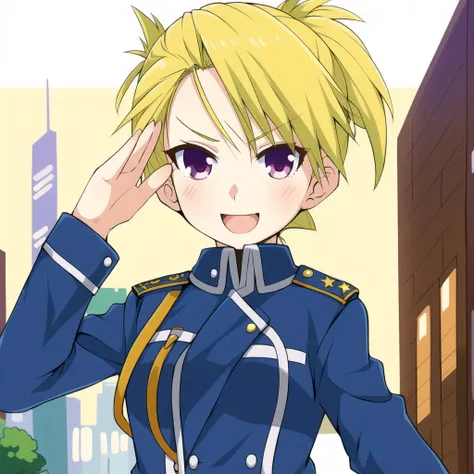 a cute (:1.0), riza hawkeye, standing, military uniform, blonde hair, salute, facing viewer, solo, happy, masterpiece, high quality, detailed background, city street, <lora:rizaHawkeyeCharacter_v10:0.75>