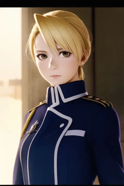 detailed brownish olive eyes, masterpiece, photorealistic, realistic, (RAW photo, 8k uhd, film grain), caustics, subsurface scattering, dynamic shot, <hypernet:myhands_22k:0.75> <lora:riza-Hawkeye-LoRA:0.75>