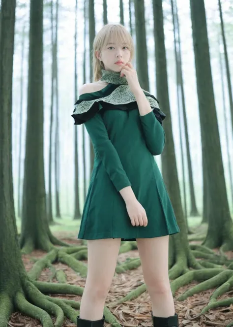 dal, (photorealistic:1.5), (extremely intricate:1.2), (8k:1.27), (ultra highres:1.2), film grain, face, close up, 1girl, 1girl, , Forest green turtleneck dress, black over-the-knee boots, black shoulder bag, silver bangle bracelets, silver drop earrings,, , Puppet theater,, [nervous expression, tense, jumpy, uneasy:0.7], (dynamic pose:1.3), high contrast, Torso_inclination, sapphire theme,