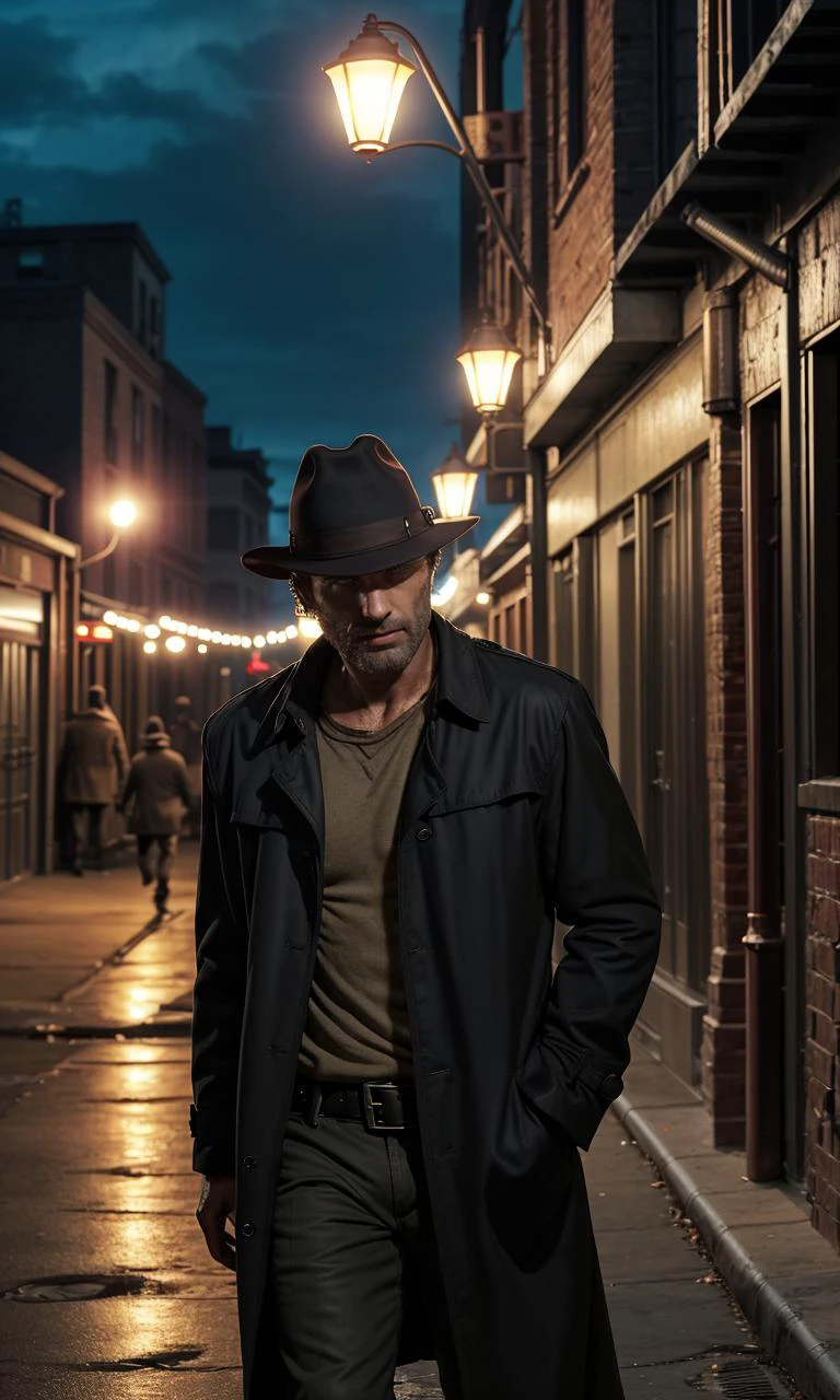 rickgrimes2024, 1 man, running, best quality, photorealistic, dark alley, night, streetlamp, fedora, long black trench coat, detective, new york, street light, cinematic, noir,