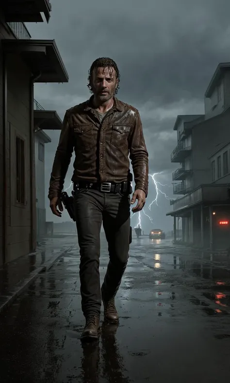 rickgrimes2024, 1 man, running, best quality, photorealistic, dark alley, night, raining, wet hair, wet clothes, wet skin, heavy rain, noir, lightning, crying, sad, emotional,