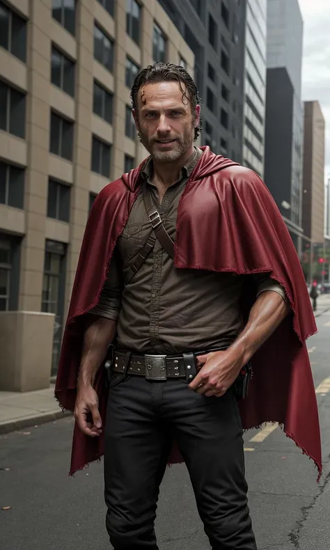 rickgrimes2024, 1 man, best quality, photorealistic, dressed as superman, grin, red cape, superhero, metropolis,