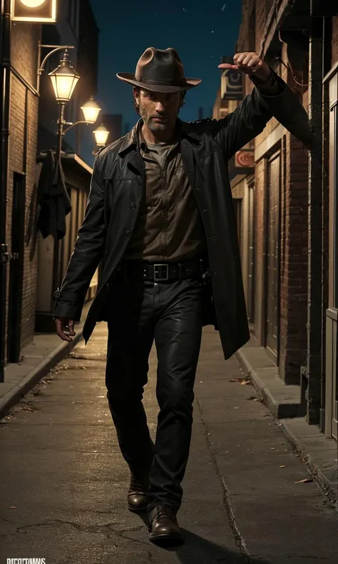 rickgrimes2024, 1 man, running, best quality, photorealistic, dark alley, night, streetlamp, fedora, long black trench coat, detective, new york, street light, cinematic, noir,