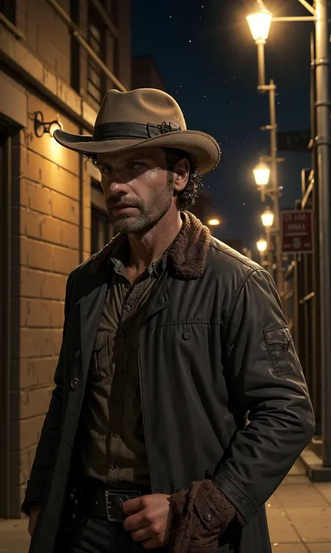 rickgrimes2024, 1 man, running, best quality, photorealistic, dark alley, night, streetlamp, fedora, long black trench coat, detective, new york, street light, cinematic, noir,