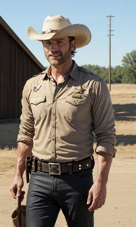 rickgrimes2024, 1 man, buzz cut, best quality, photorealistic, short hair, clean shave, sheriff uniform, cowboy hat, beige shirt, black pants, sheriff badge, smile,