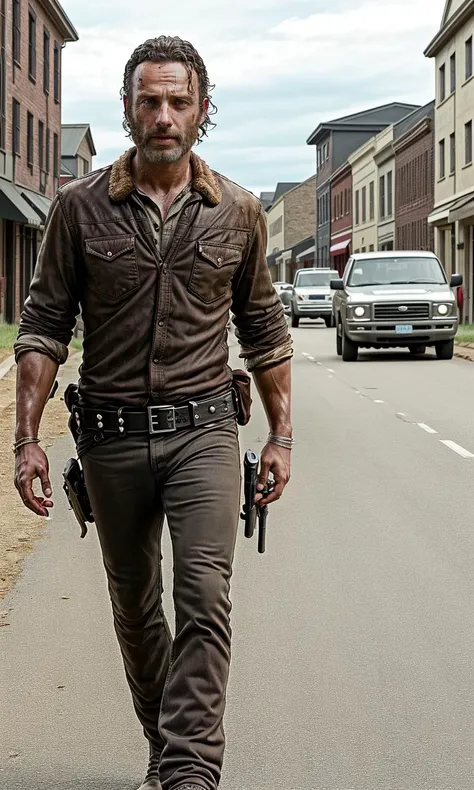 rickgrimes2024,1 man, walking in town, best quality, photorealistic,