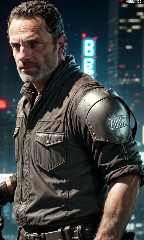 rickgrimes2024, 1 man, buzz cut, best quality, photorealistic, short hair, grey beard. clean, cyber ninja, armor, cyberpunk, neon lights,