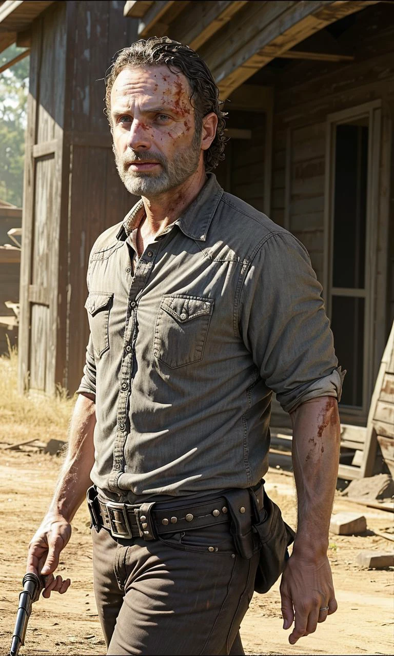 rickgrimes2024, 1 man, walking with zombies, best quality, photorealistic, short hair, buzz cut, grey beard.