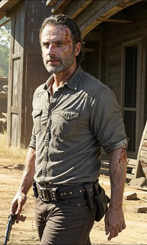 rickgrimes2024,1 man, walking in town, best quality, photorealistic,