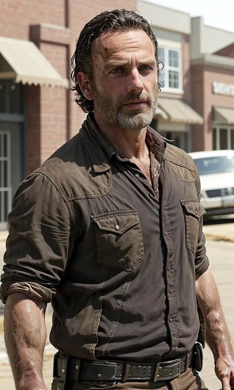 rickgrimes2024, 1 man, walking in town, best quality, photorealistic, short hair, buzz cut, grey beard.
