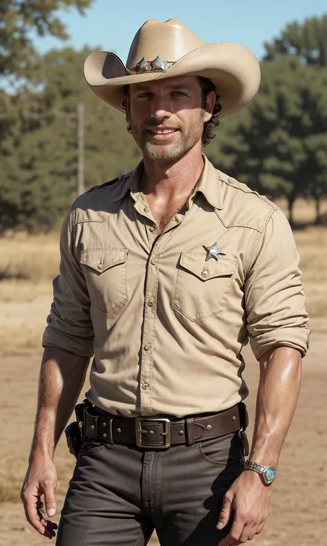 rickgrimes2024, 1 man, buzz cut, best quality, photorealistic, short hair, clean shave, sheriff uniform, cowboy hat, beige shirt, black pants, sheriff badge, smile,