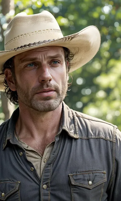 rickgrimes2024, 1 man, buzz cut, best quality, photorealistic, short hair, clean shave, sheriff uniform, cowboy hat,