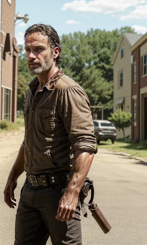 rickgrimes2024, 1 man, walking in town, best quality, photorealistic, short hair, buzz cut, grey beard.