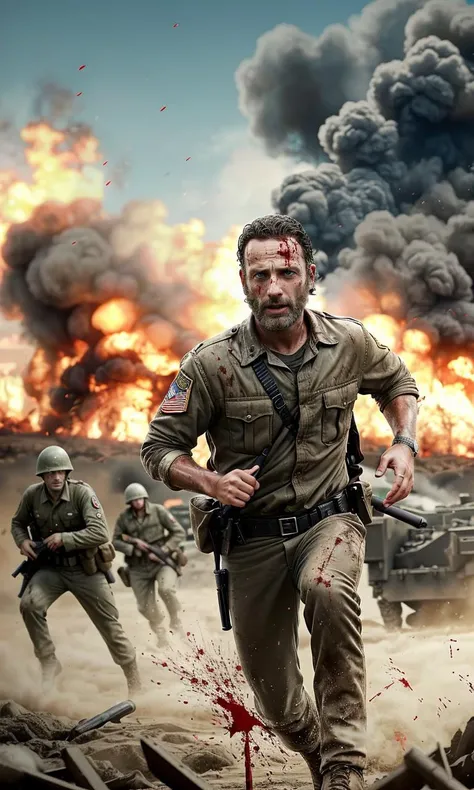 rickgrimes2024, 1 man, running, best quality, photorealistic, covered in blood, soldiers uniform, ww2, battlefield, explosions, soldiers in background, allied, d-day, normandy, war, smoke,