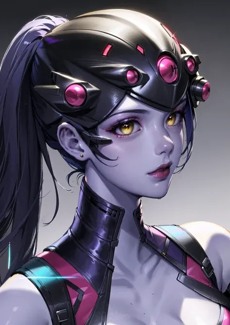 1girl, bodysuit, closed mouth, collarbone, colored skin, ponytail,hair pulled back, head-mounted display, red lips, long hair, looking at viewer, makeup,bodysuit, ponytail, purple lips, purple skin, solo,cyberpunk,citscape,portrait, widow-normal, yellow eyes,(masterpiece:1.4),(best quality:1.4),(shiny skin)