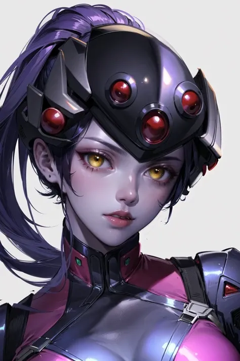 1girl,widow-normal,head-mounted display,(purple skin),colored skin,yellow eyes,pink bodysuit,ponytail,purple hair,parted lips,rifle,portrait,(masterpiece:1.4),(best quality:1.4),(shiny skin)