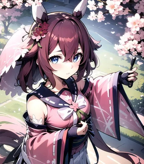 masterpiece, 8k wallpaper, best quality, 1girl, SakuraChiyonoO, <lora:SakuraChiyonoO>, blush, looking at the viewer, (sakura at the background,), grass, holding oil umbrella, pink umbrella,