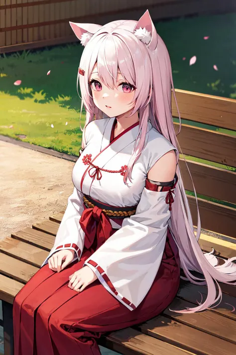 masterpiece, best quality, highres, bbyuika, long hair, pink hair, animal ears, hair ornament, miko, japanese clothes, white kimono, ribbon-trimmed sleeves, wide sleeves, sleeves past wrists, red hakama, hakama skirt, <lora:shiina_yuika_v1:0.7>, sitting, bench, petals