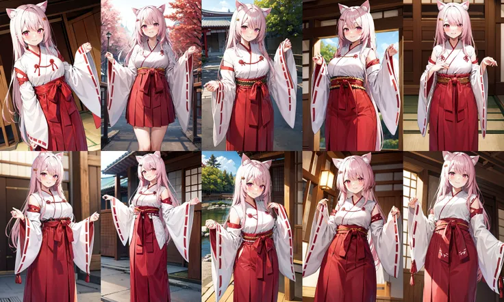 masterpiece, best quality, highres, bbyuika, long hair, pink hair, animal ears, hair ornament, miko, japanese clothes, white kimono, ribbon-trimmed sleeves, wide sleeves, sleeves past wrists, red hakama, hakama skirt, <lora:shiina_yuika_v1:0.7>, smile, standing, cowboy shot