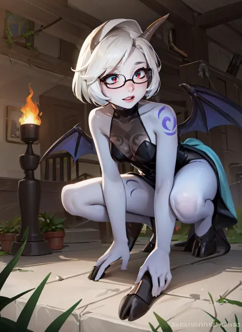 ((best quality)), ((highly detailed)), masterpiece, absurdres, (detailed eyes, deep eyes), (1girl), (glasses), on all fours, (imp, small breasts, petite), (mature), (colored skin), ((Alice Blue colored skin:1.44)), ((short hair)), white hair, pixie haircut, (multicolored hair, two-toned hair, white hair), (large oni horns), (large demon wings), symmetrical wings, <lora:hoovedlegs:1>, hooved legs, hooves, ((red eyes)), ((glowing eyes)), <lora:slit-pupils:1>, snake eyes, wide hips, demon tail, intricate (tattoos:1.33), (glowing tattoos), tribal tattoos, (arm tattoo:1.3 and tattoos on legs:1.3), savage grin, monster girl, outside, ((hellscape, fire and lava in the background, active volcano, smoke, ruined buildings)), (indoors, on a stairway), <lora:Tomacov2:.6>