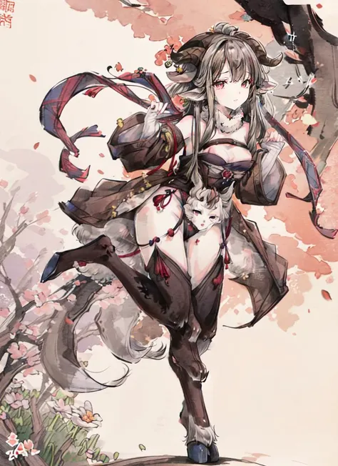 ((best quality)), ((highly detailed)), masterpiece, absurdres, extremely detailed face, beautiful face, (detailed eyes, deep eyes), (1girl), dynamic pose, full body, <lora:hairdetailer:.9>, <lora:aiomonstergirls_loraLocon:.3>, ((satyr), (goat legs), horns, (goat horns), gloves, <lora:hoovedlegs:.8>, hooved legs, hooves, (furry legs), loincloth, tube top, (at a meadow, dusk, shooting star), <lora:MoXinV1:.85>, shuimobysim, traditional chinese ink painting
