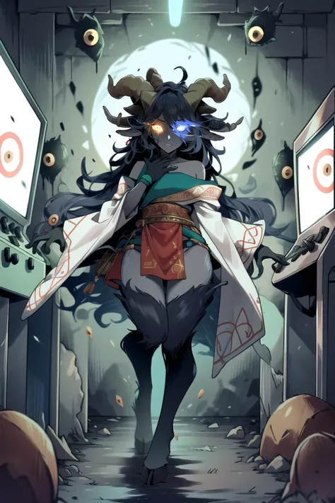 ((best quality)), ((highly detailed)), masterpiece, (detailed eyes, deep eyes), (1girl), cowboy shot, ((royal robe)), <lora:aiomonstergirls_loraLocon:.4>, ((satyr), (goat legs), horns, (goat horns), gloves, <lora:hoovedlegs:1>, hooved legs, hooves, (furry legs), loincloth, tube top, (in an arcade), <lora:insanevoid:.9>, insanevoid, glowing, (glowing eyes), ((extra eyes)), heterochromia, horror \(theme\)