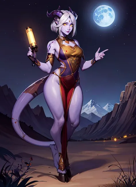 ((best quality)), ((highly detailed)), masterpiece, absurdres, detailed face, beautiful face, (detailed eyes, deep eyes), (1girl), full body, <lora:sxz-draenei:.6>, shedrn, horns, athletic, grey hair, short hair, colored skin, purple skin, yellow eyes, glowing eyes, forehead mark, <lora:hoovedlegs:.85>, hooved legs, hooves, (tail), smiling, tabard, pelvic curtain, (at a mountain, night, night sky, stars, multiple moons, telescope)