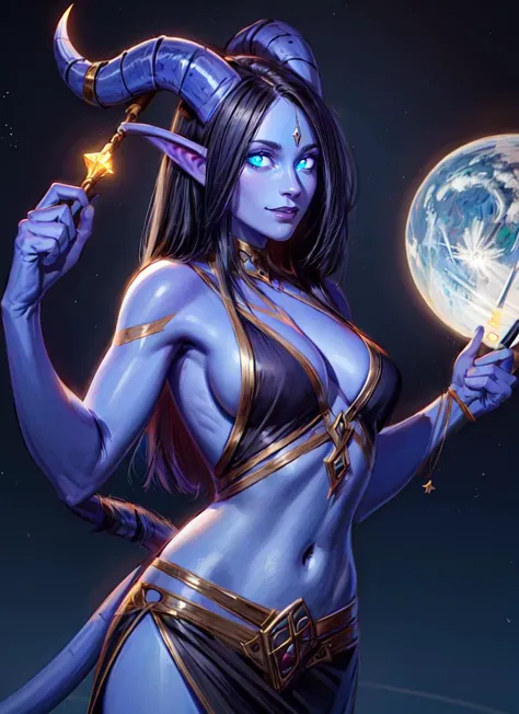 ((best quality)), ((highly detailed)), masterpiece, absurdres, (detailed eyes, deep eyes), <lora:more_details:.2>, (1girl), upper body, <lora:hairdetailer:1>, <lora:sxz-draenei:.8>, shedrn, horns, athletic, black hair, long hair, colored skin, blue skin, white eyes, (glowing eyes), forehead mark, medium breasts, <lora:hoovedlegs:.85>, hooved legs, hooves, (tail), smiling, tabard, pelvic curtain, sideboob, cleavage cutout, ð§ââï¸:1.3, witch hat, holding staff:1.3, (inside, on a space station, space, stars)