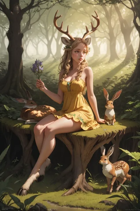 fantasy picture of cute girl with deer antlers hooved legs hooves in sundress in magical forest meadow with rabbits <lora:CHA BOD hoovedlegs:1>, complimentary colors intricate details subsurface scattering, masterpiece best quality high quality highres ultra-detailed