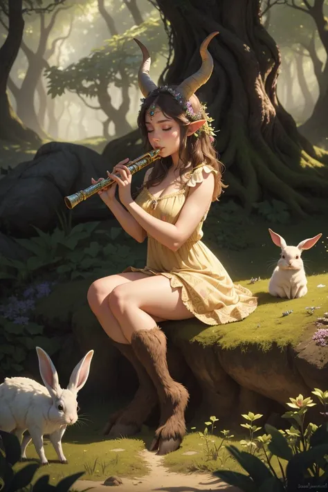 fantasy picture of cute girl with horns hooved legs hooves in sundress playing flute in magical forest meadow with rabbits <lora:CHA BOD hoovedlegs:1>, complimentary colors intricate details subsurface scattering, masterpiece best quality high quality highres ultra-detailed