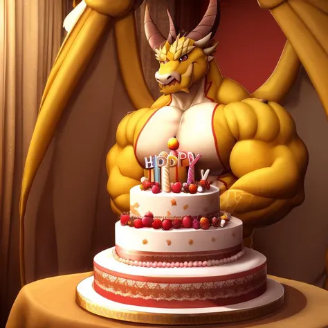 solo, (soft shading), ((detailed face,detailed red eyes, detailed)),(full body),male, 4k, hi res, good anatomy, detailed CG,highly detailed,(posing), (muscular:1.5),,(room),(birthday cake), Ophion,(wings), <lora:ophion-07:1>