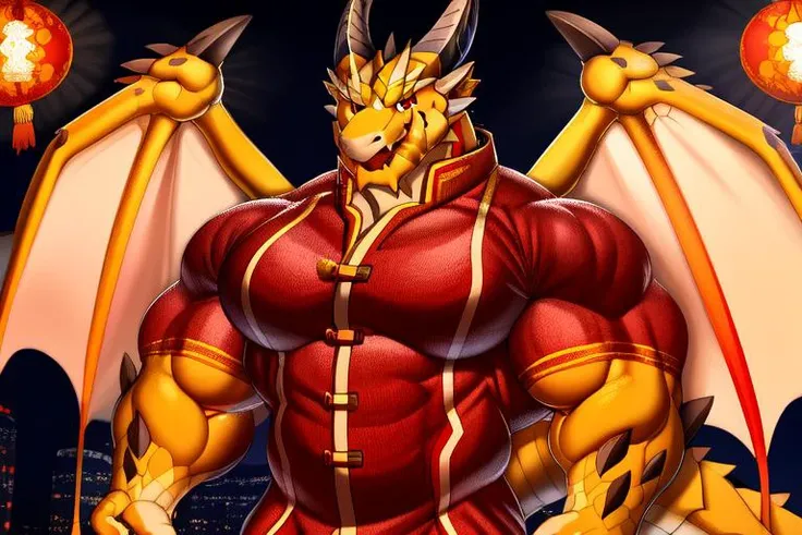 highly detailed, (digital flat colors),(masterpiece),(best quality),4k, hi res,male,(ophion, dragon, wings, muscular, big muscles), solo, (soft shading), (red eyes), (chinese suit), chinese festival, night, full moon, fireworks,  <lora:ophion:1>