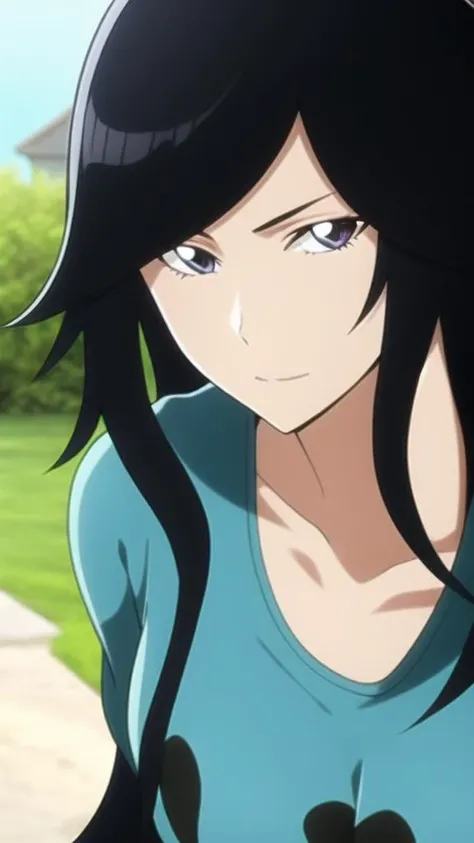 1girl, black hair, long hair, ponytail, messy hair, t-shirt, looking at viewer, outdoors, <lora:Bleach-tybwV1:1>, close up