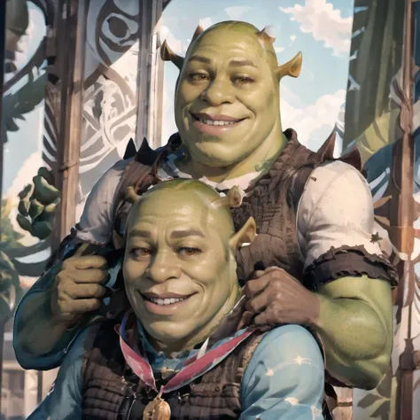 Highly detailed, High Quality, Masterpiece, beautiful, multiple boys, ObamaAwardingObamaMeme, <lora:ObamaAwardingObamaMeme:1.0>, shrex, green skin, ogre, shrek, <lora:Char_Sigmas_Shrek:0.9>