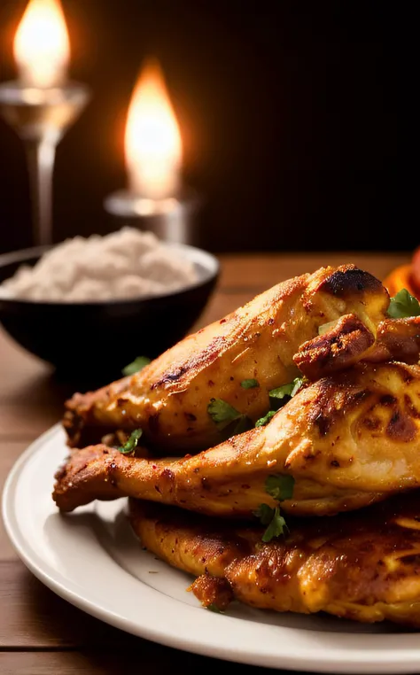 cinematic film still tandoori chicken, paratha, cozy, happy, . shallow depth of field, vignette, highly detailed, high budget, bokeh, cinemascope, moody, epic, gorgeous, film grain, grainy