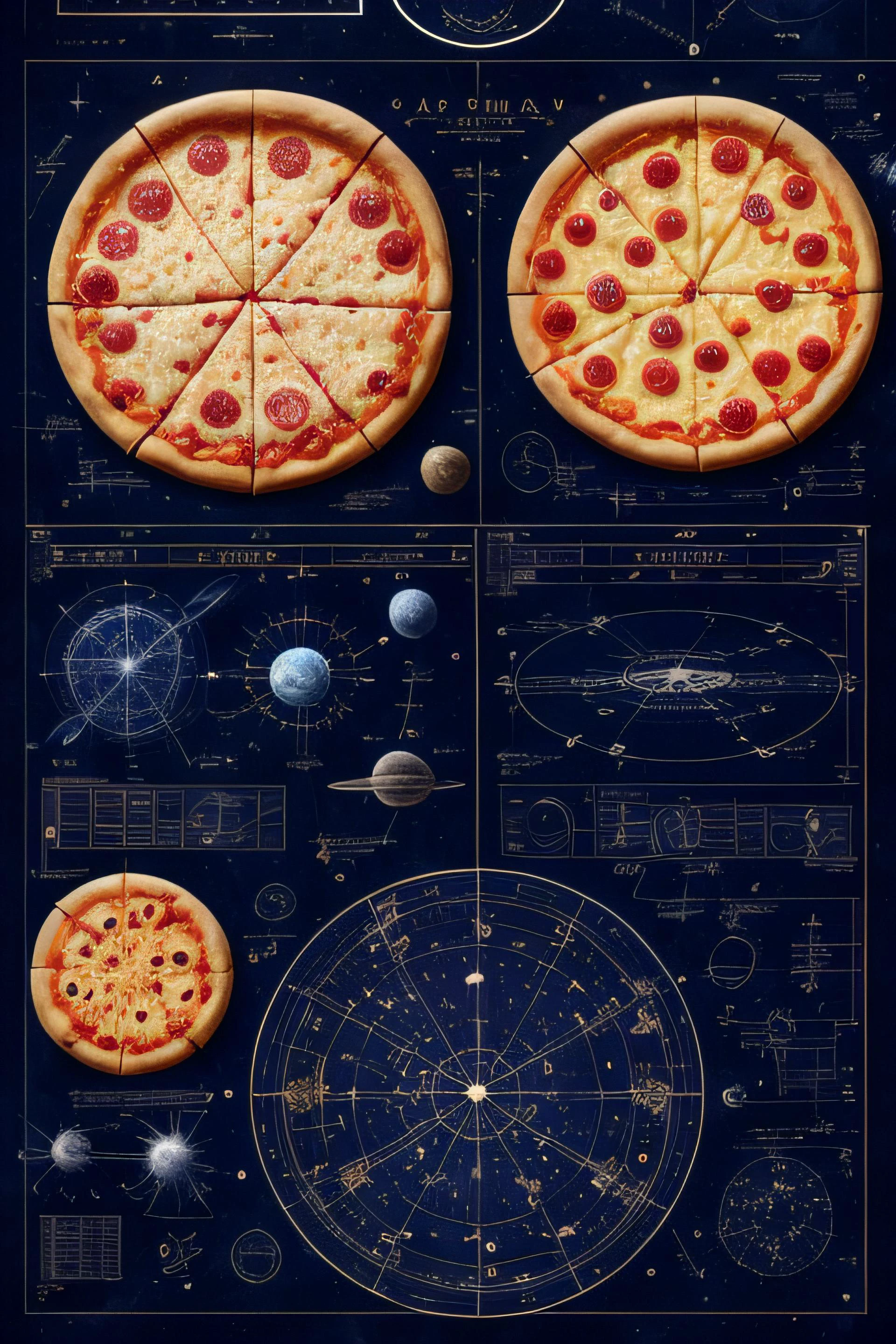 Space-themed (no human) assembly diagram and (blueprint:1.2) for a pizza. detailed, realistic, technical drawing. beautifully detailed, annotated.
<lora:add_detail:1> . Cosmic, celestial, stars, galaxies, nebulas, planets, science fiction, highly detailed
