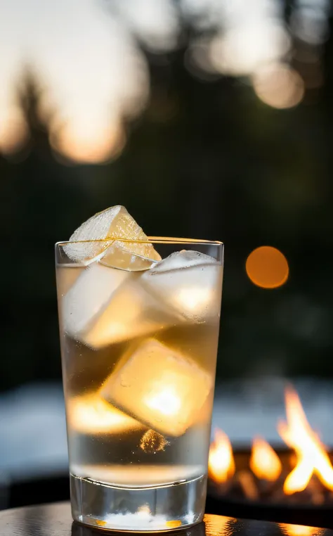 cinematic film still glass of vodka, ice cube, fire pit, bar, simple background,  . shallow depth of field, vignette, highly detailed, high budget, bokeh, cinemascope, moody, epic, gorgeous, film grain, grainy