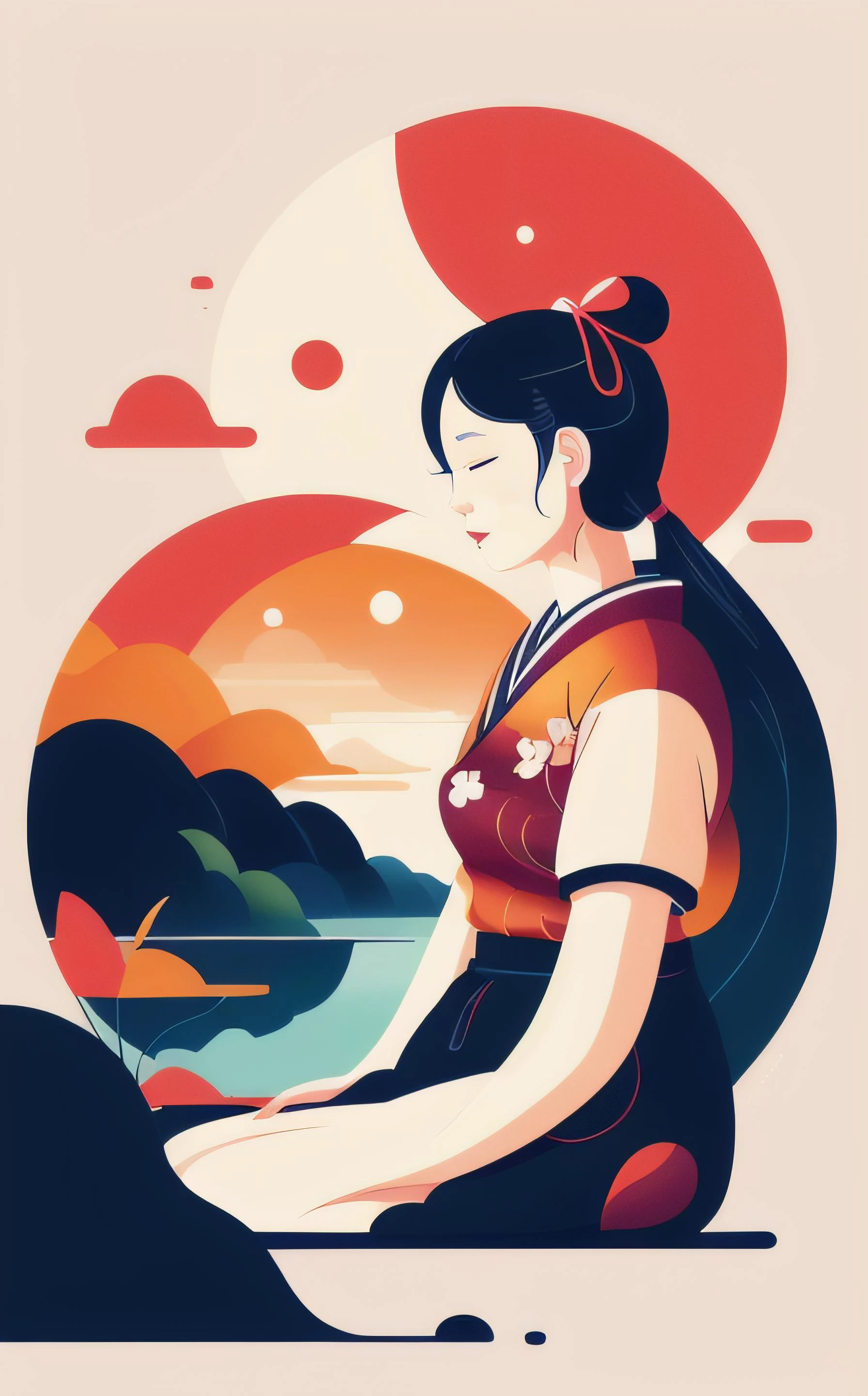 Abstract style 1 girl sitting near the shore, trees flat color lake detailed patterned background, (art by Jane Newland), bright particles, a simple, square modern logo incorporating a Japanese woman silhouette, dark, gloom, blood dripping, delicate lines, cherry blossom tones, Japanese aesthetics, explosive bright particles as sparks of light, simple illustration, glowing, oriental eyes
<lora:flat illustration:1> flat . Non-representational, colors and shapes, expression of feelings, imaginative, highly detailed