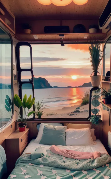 analog film photo inside a cozy campervan, comfy bed and warm blanket, plants, flowers, decoration, view from the back on quiet beach, sunrise, peaceful, vibrant colors, lineart, <lora:flat illustration:1> flat  . faded film, desaturated, 35mm photo, grainy, vignette, vintage, Kodachrome, Lomography, stained, highly detailed, found footage