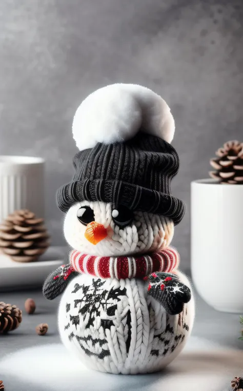 Advertising poster style round snowman wearing black, cute,  <lora:add_detail:1>   <lora:world_christmassweater:1> christmassweater . Professional, modern, product-focused, commercial, eye-catching, highly detailed