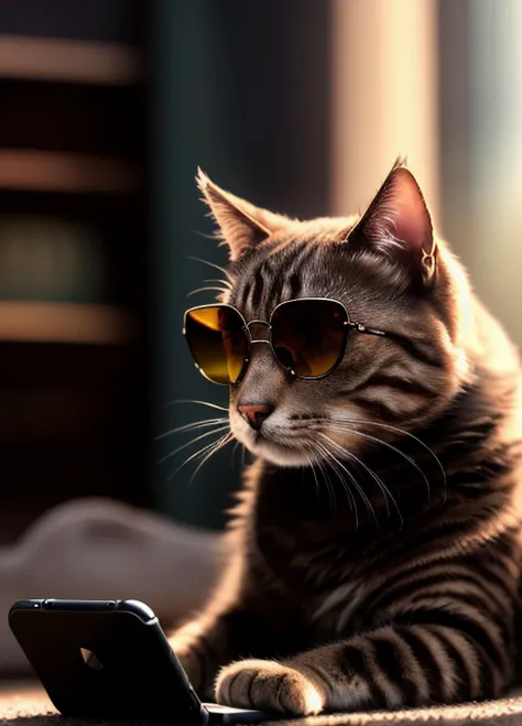 (Realistic),masterpiece,best quality,cinematic lighting,natural shadow,highest detail,professional photography,detailed background,depth of field,insane details,intricate,aesthetic,subsurface scattering,dynamic angle, A cat wearing sunglasses is playing games on his mobile phone,miniatures,sketch, <lora:add-detail-xl:1>,