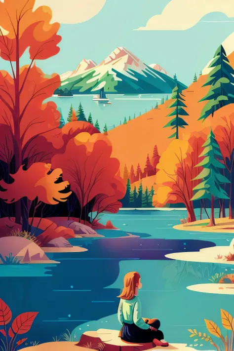1 girl sitting near the shore, trees flat color lake detailed patterned background, (art by Jane Newland) <lora:add_detail:1> <lora:epiNoiseoffset_v2:1> <lora:flat illustration:1>