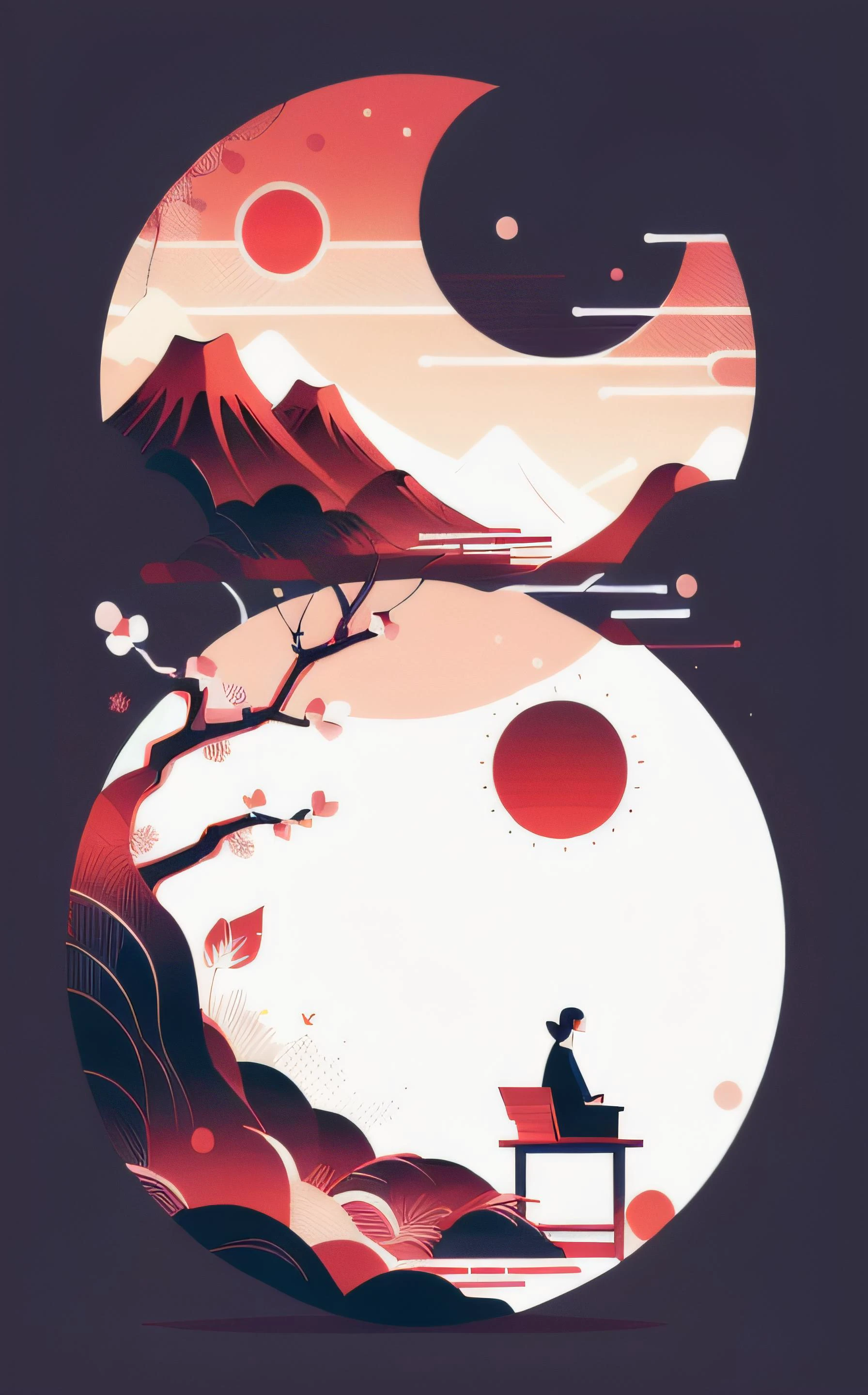 texture bright particles, a simple, circular modern logo incorporating a Japanese woman silhouette, dark, gloom, blood dripping, delicate lines, cherry blossom tones, Japanese aesthetics, explosive bright particles as sparks of light, simple illustration, glowing, oriental eyes
<lora:flat illustration:1> flat top down close-up
