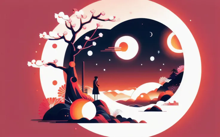texture sun, moon, bright particles, a simple, circular modern logo incorporating a Japanese woman silhouette, dark, gloom, blood dripping, delicate lines, cherry blossom tones, Japanese aesthetics, explosive bright particles as sparks of light, simple illustration, glowing, oriental eyes
<lora:flat illustration:1> flat top down close-up