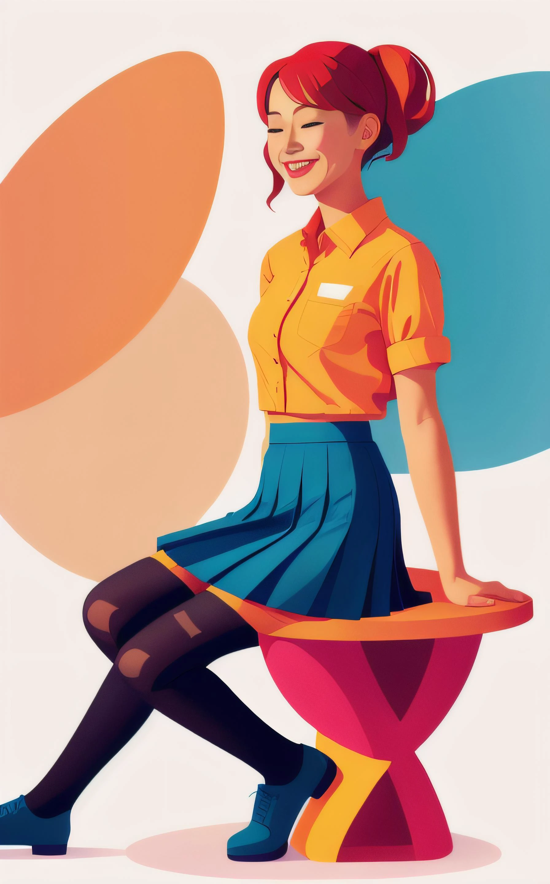 Abstract style 1girl, solo, wearing shirt with pleated skirt,smile,sitting,pantyhose,
<lora:flat illustration:1> flat . Non-representational, colors and shapes, expression of feelings, imaginative, highly detailed