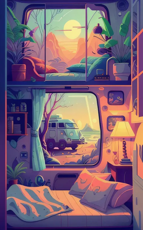 Alien-themed inside a cozy campervan, comfy bed and warm blanket, plants, flowers, decoration, view from the back on quiet beach, sunrise, peaceful, vibrant colors, lineart, <lora:flat illustration:1> flat . Extraterrestrial, cosmic, otherworldly, mysterious, sci-fi, highly detailed